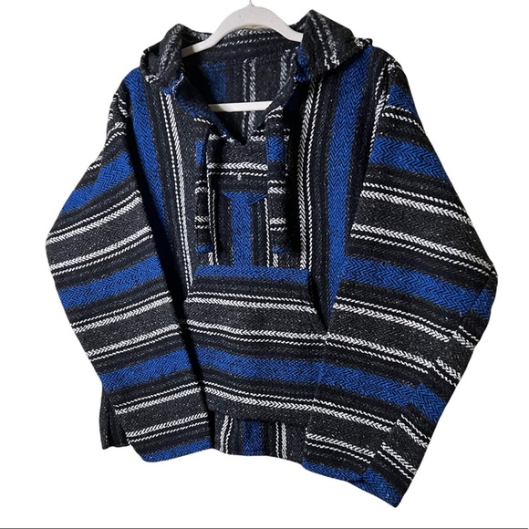 70s BAJA UNISEX Blue and Black Hippie Boho Gypsy Woven Rug Hoodie Jacket - Picture 2 of 7